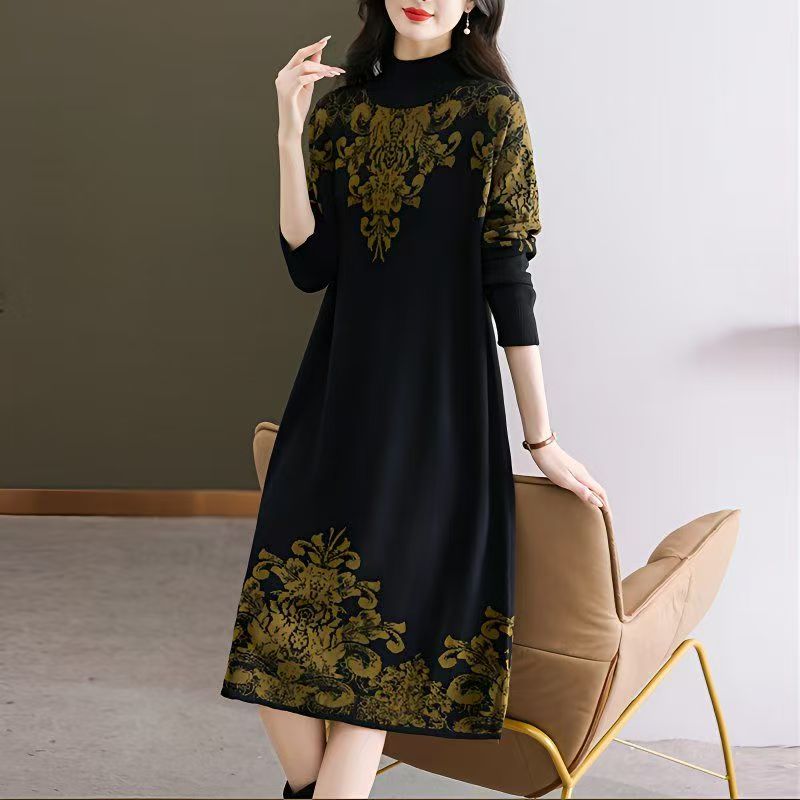 MY13899# 欧货高端针织连衣裙新款时尚花色宽松遮肚中长款毛衣裙女女裝貨源服裝批發