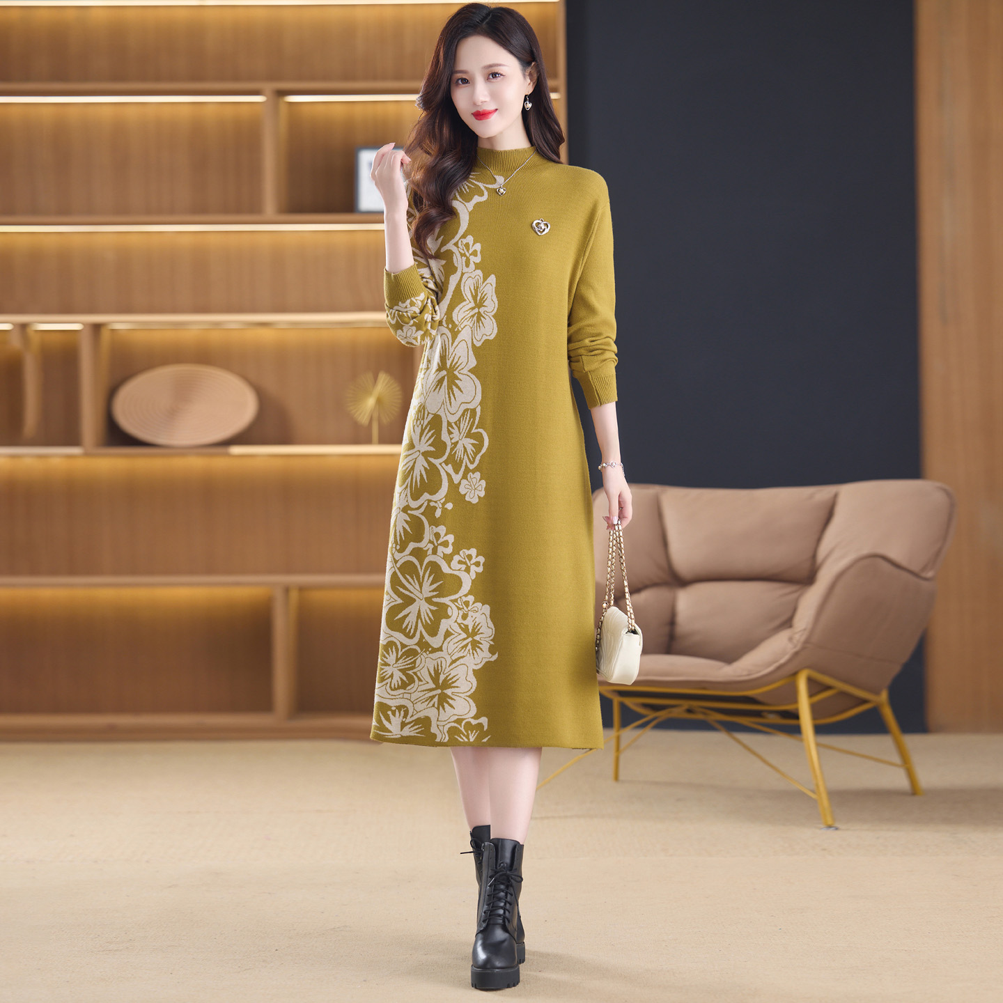 MY14397# 洋气新款女装毛衣裙半高领宽松中长款针织打底连衣裙女裝貨源...