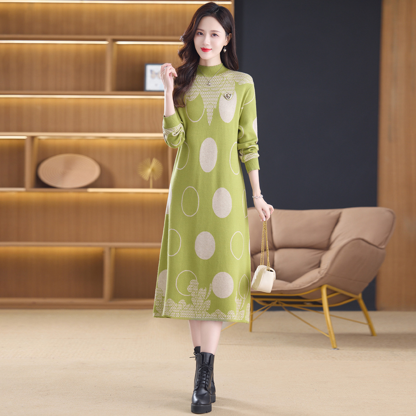 MY14398# 文艺优雅过膝针织连衣裙新款宽松加厚毛衣裙子女裝貨源服裝批...