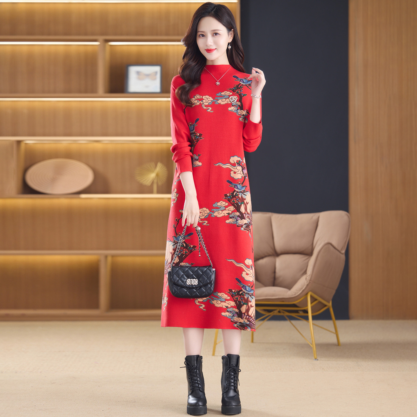 MY14394# 针织印花连衣裙新款女装洋气中长款打底毛衣裙子气质显瘦女裝...