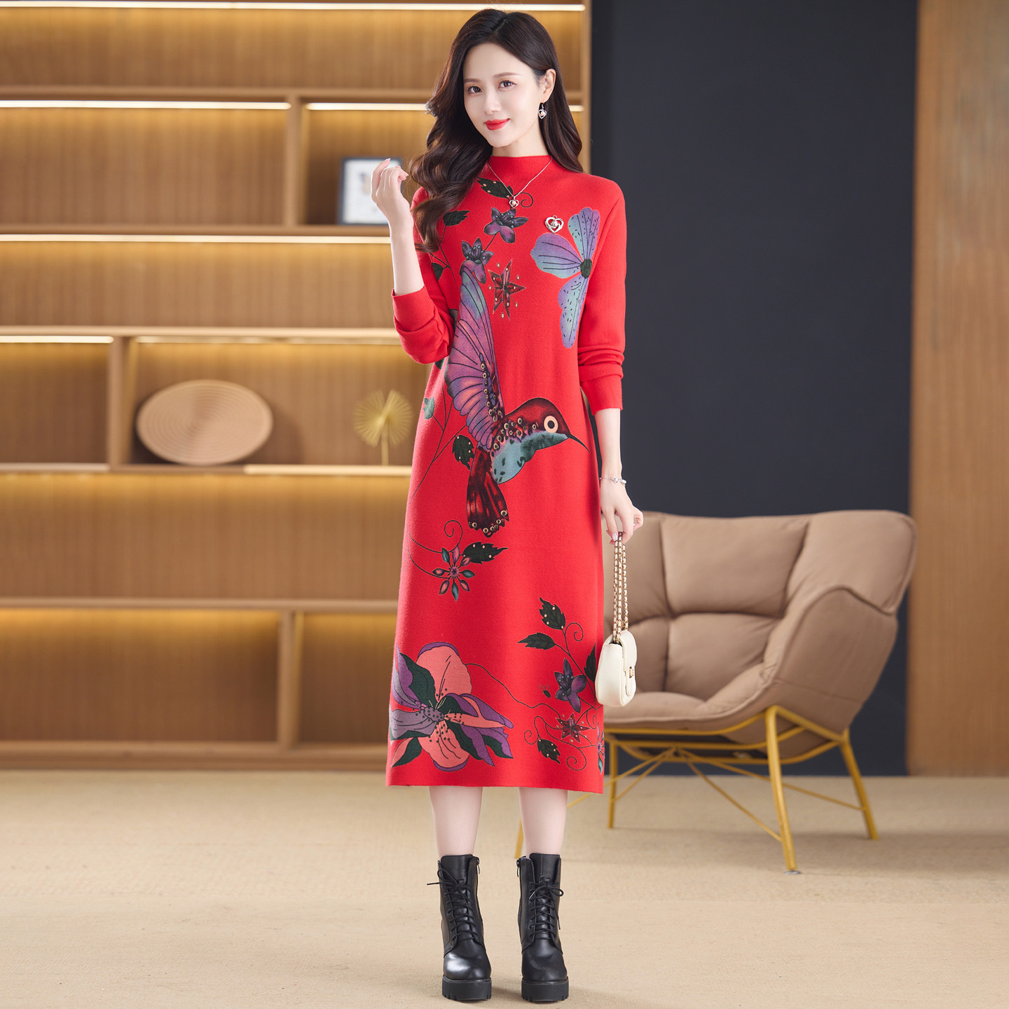 MY15136# 针织印花连衣裙新款女装洋气中长款打底毛衣裙子气质显瘦女裝貨源服裝批發