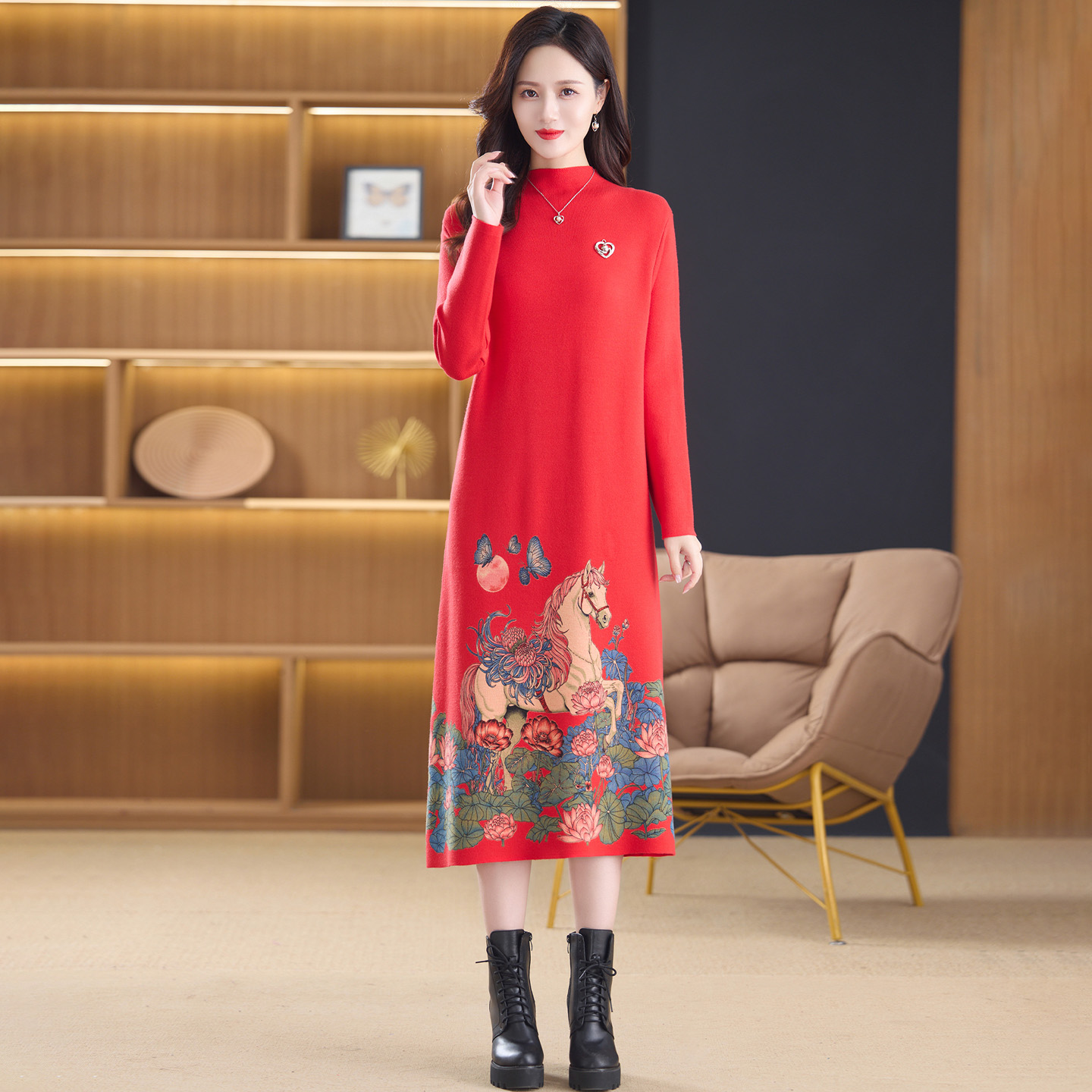 MY14393# 针织印花连衣裙新款女装洋气中长款打底毛衣裙子气质显瘦女裝...