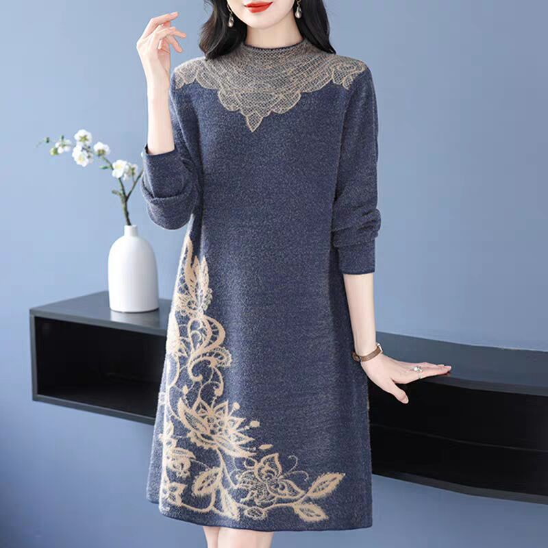 MY15134# 遮肚过膝连衣裙大码中长款毛衣打底衫女裝貨源服裝批發