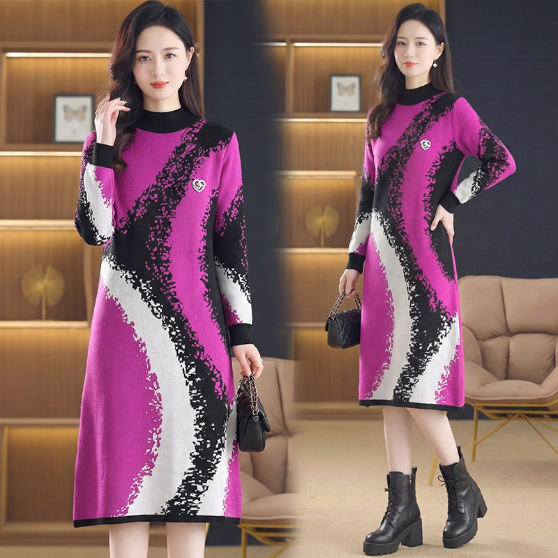 MY16276# 中长款针织连衣裙女宽松遮肚印花打底毛衣裙子女裝貨源服裝批...