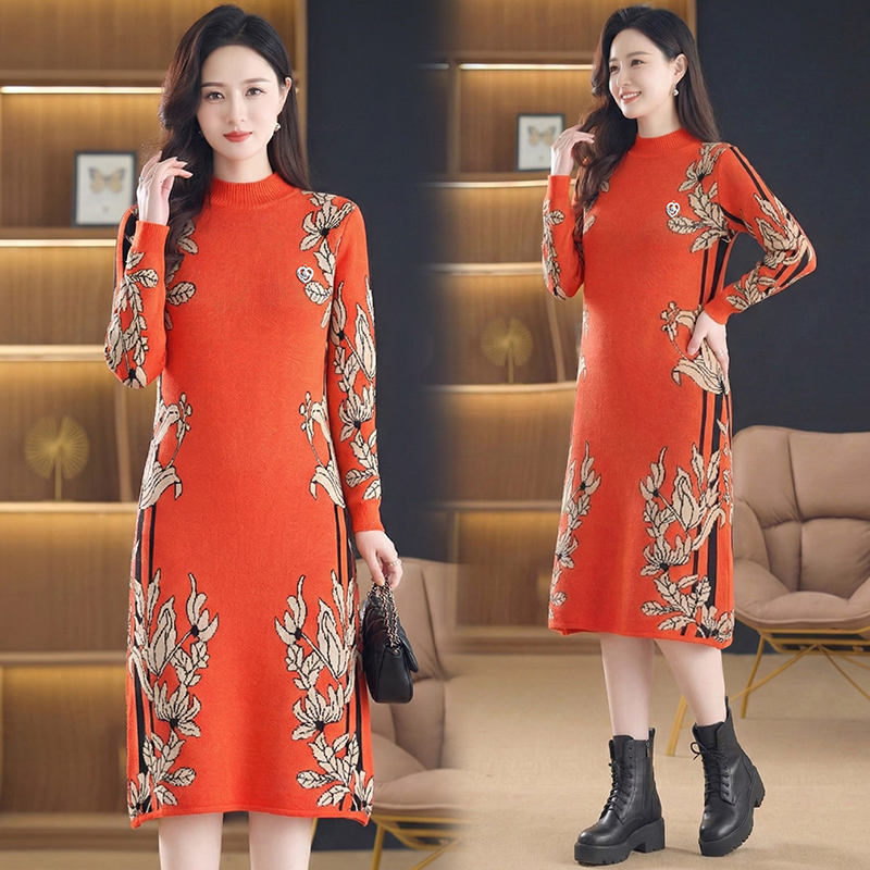 MY16277# 时尚洋气提花高端气质中长款针织宽松遮肚连衣裙女裝貨源服裝...