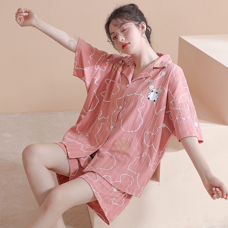 RY861# 睡衣女士夏季纯棉短袖短裤休闲家居服全棉质韩版加大码开衫套装