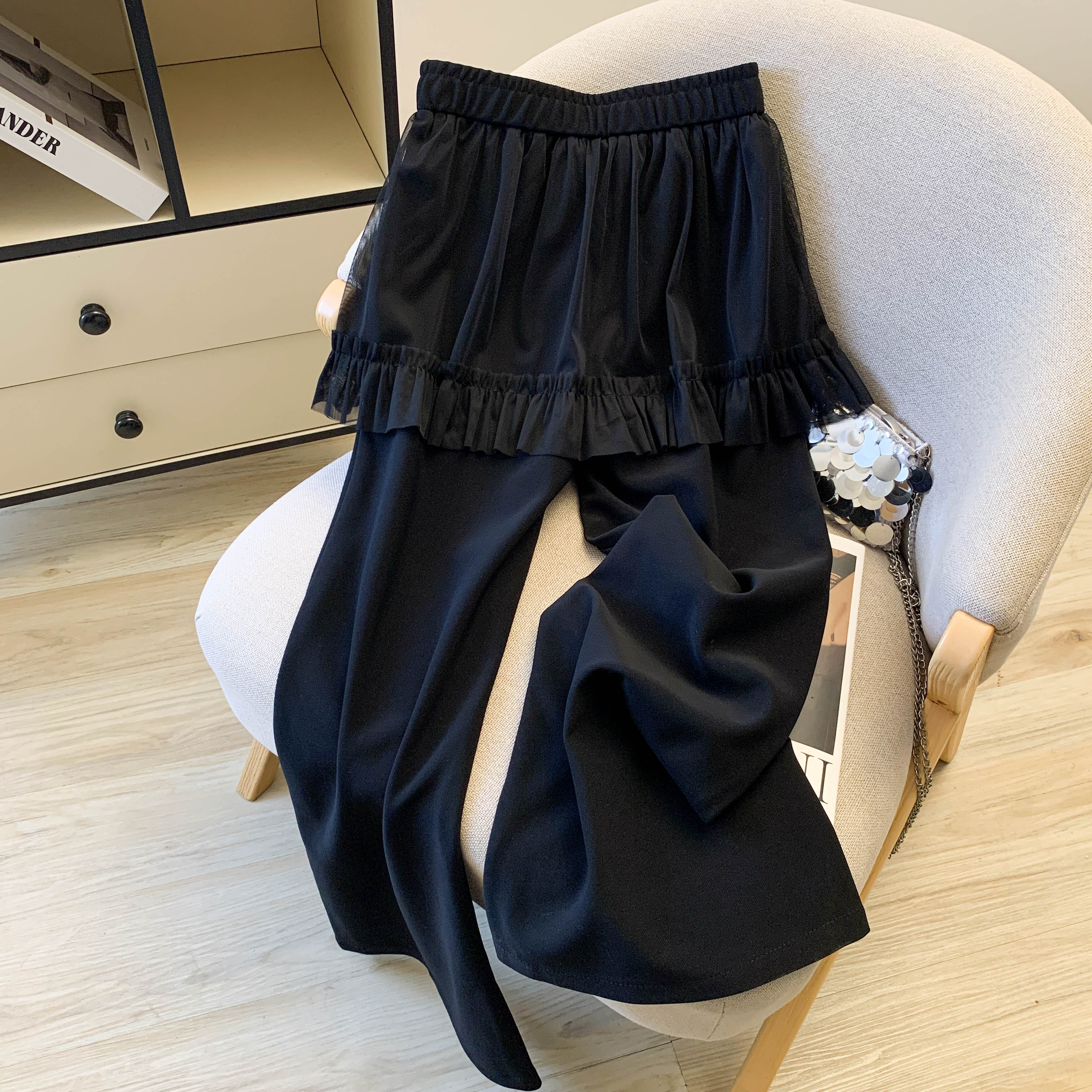 MY17681# 新款小个子网纱屁帘微喇裤女高腰弹力显瘦直筒喇叭裤女裝貨源...