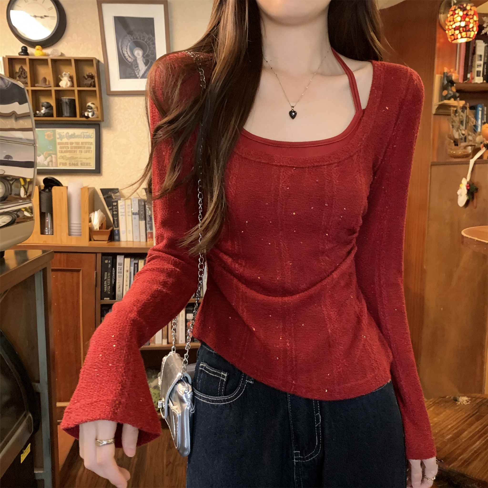 RY102# 实拍~假两件挂脖针织打底衫女大码胖M显瘦遮肉设计感收腰内搭上...