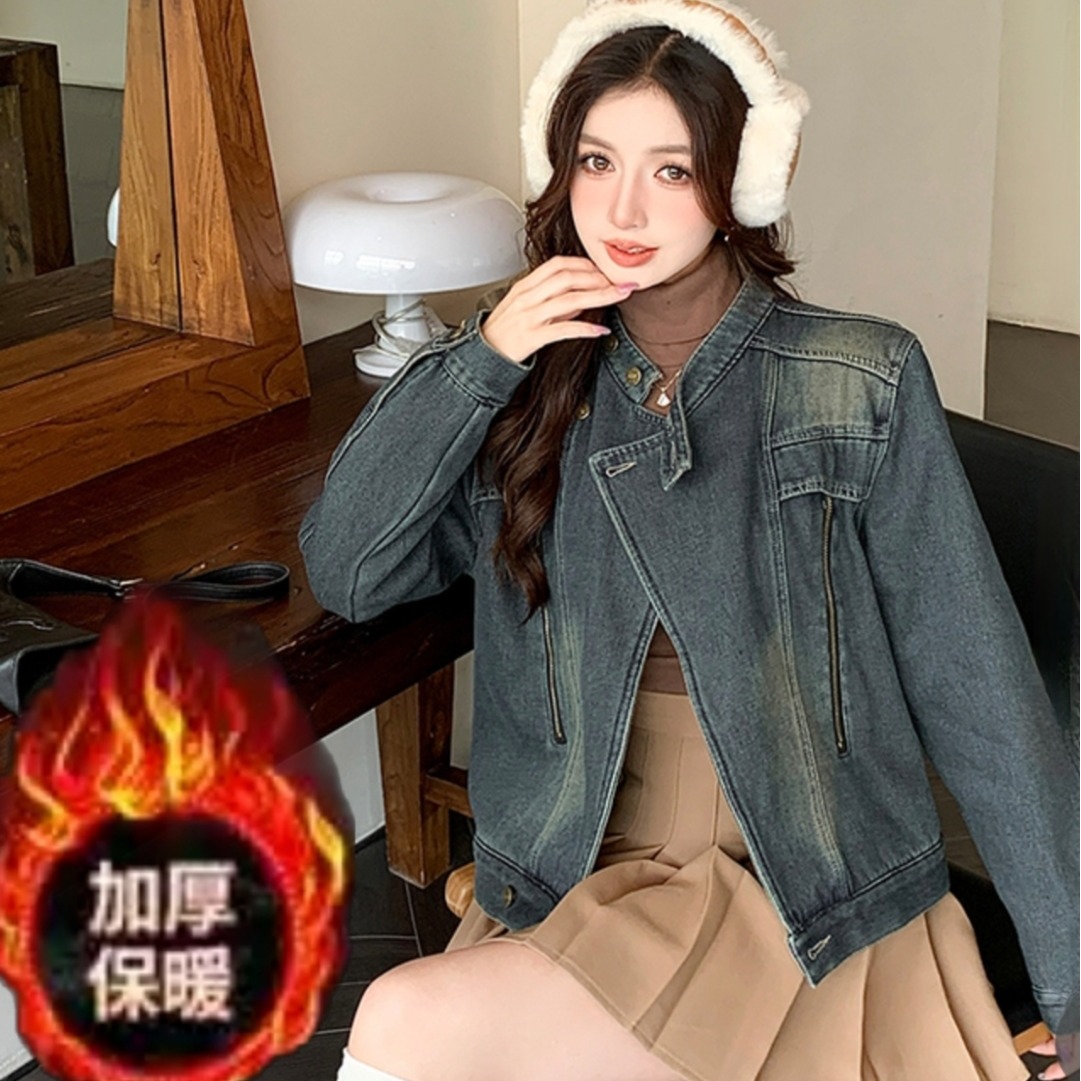 MY14926# 新款立领韩版加绒加厚保暖设计感百搭叠穿牛仔外套女裝貨源服...