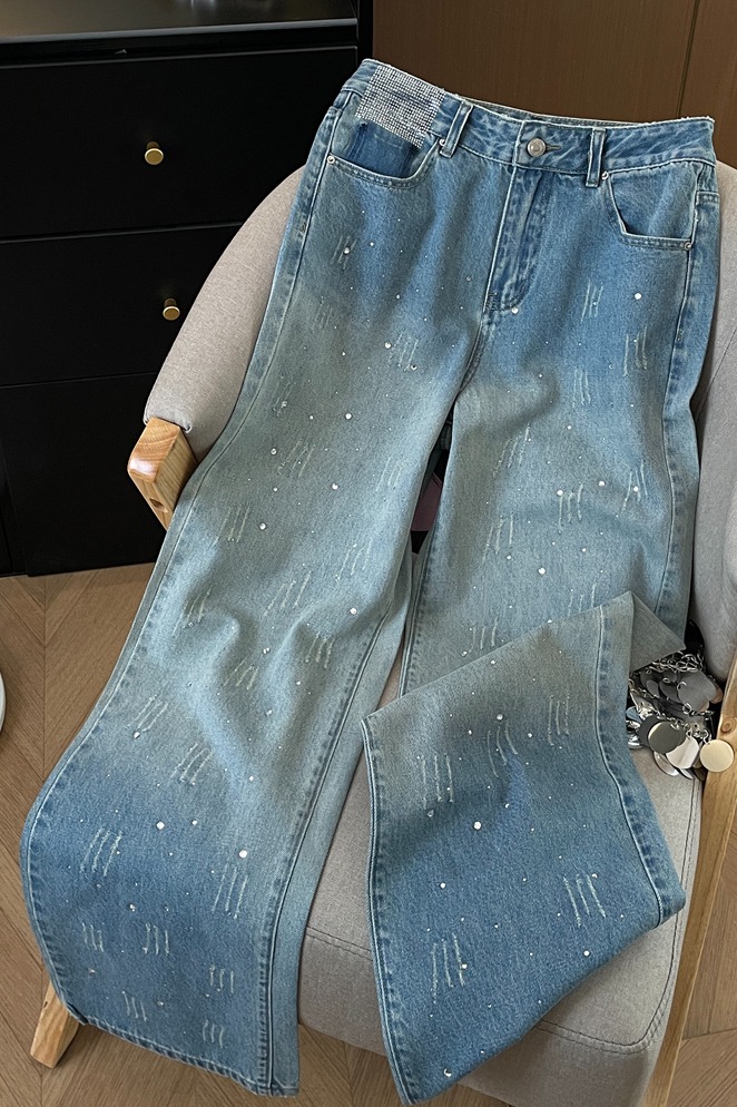 實拍韓版重工破洞水洗漸變藍色牛仔褲女高腰直筒顯瘦窄版闊腿褲子