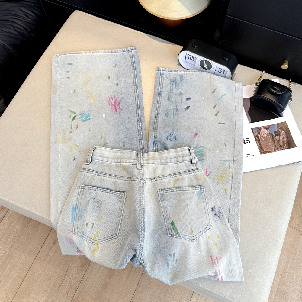 實拍重工美式彩繪涂鴉做舊牛仔褲女春夏高腰直筒寬松顯瘦闊腿褲子