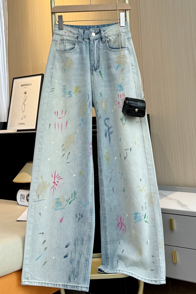 實拍重工美式彩繪涂鴉做舊牛仔褲女春夏高腰直筒寬松顯瘦闊腿褲子