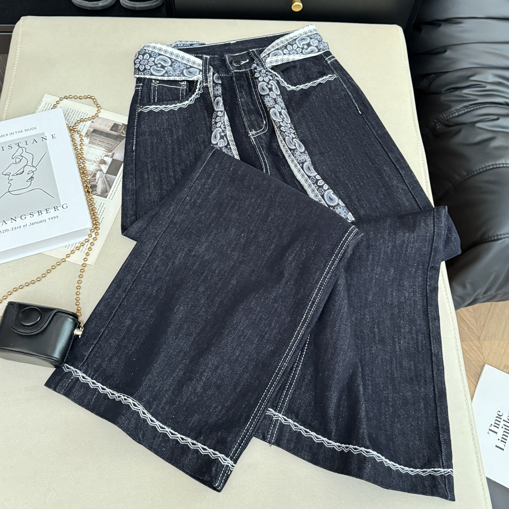 實拍韓版絲巾腰帶高腰直筒寬松顯瘦闊腿刺繡拖地牛仔長褲子女百搭