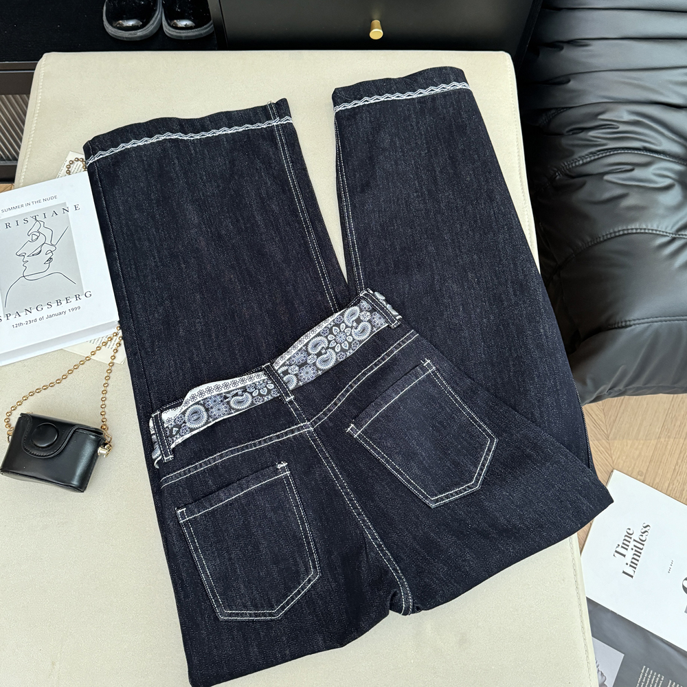 實拍韓版絲巾腰帶高腰直筒寬松顯瘦闊腿刺繡拖地牛仔長褲子女百搭