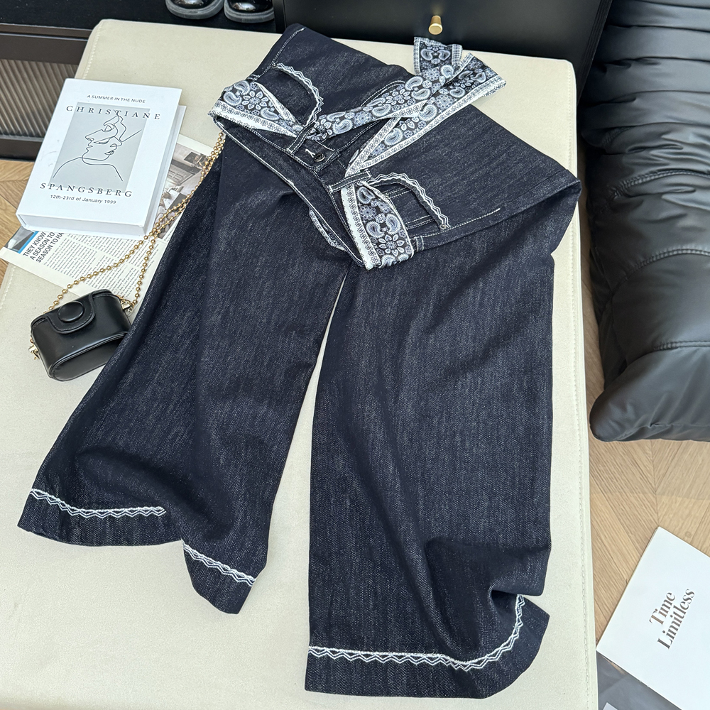 實拍韓版絲巾腰帶高腰直筒寬松顯瘦闊腿刺繡拖地牛仔長褲子女百搭