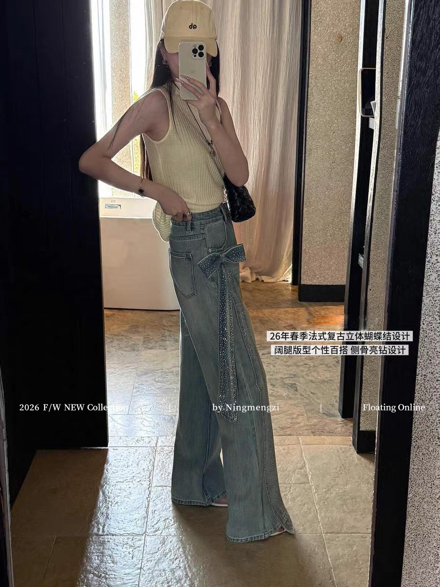 官圖淺藍色側邊蝴蝶結燙鉆直筒牛仔褲女2026早春休閑顯瘦闊腿褲子