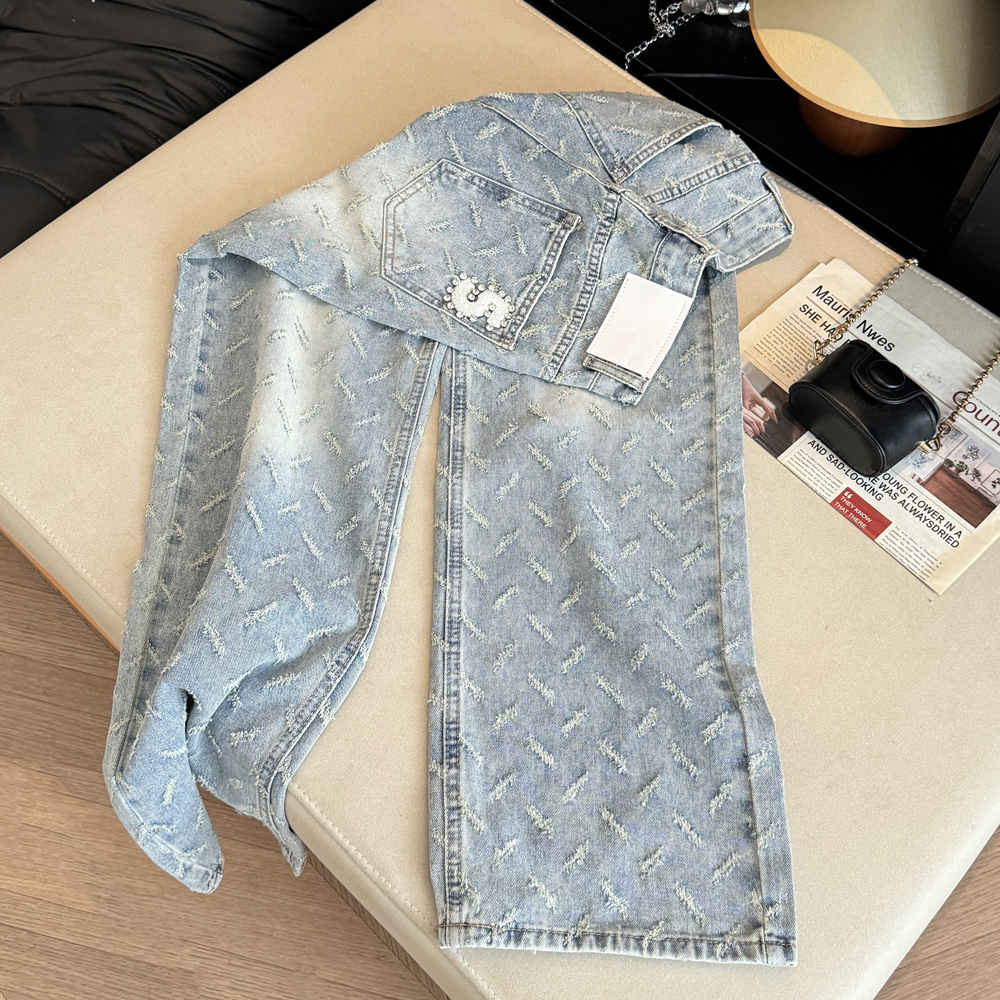實拍韓版刺繡燙鉆羽毛提花牛仔褲女高腰直筒寬松顯瘦窄版闊腿長褲