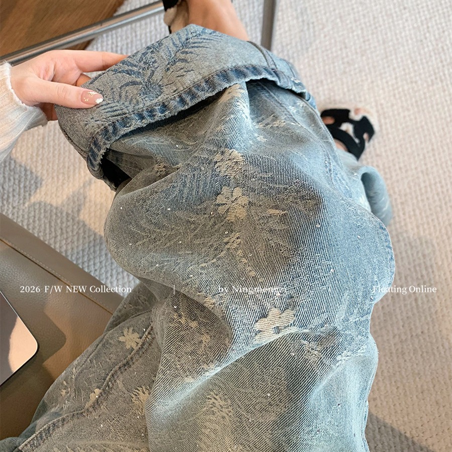 官圖設計感復古提花燙鉆闊腿牛仔褲女2026新款高腰顯瘦百搭直筒褲