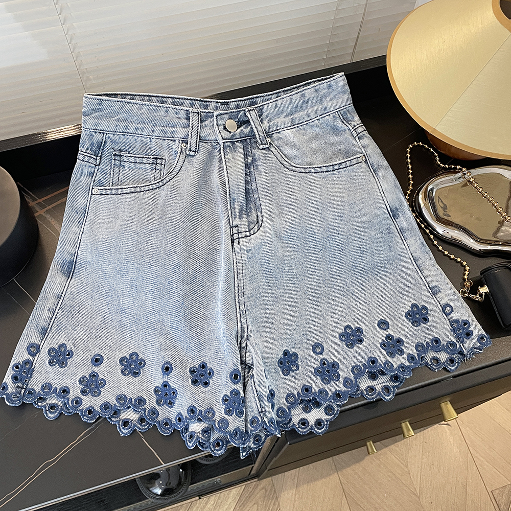 實拍超美國風鏤空刺繡牛仔短褲女夏高腰直筒a字闊腿顯瘦百搭褲子