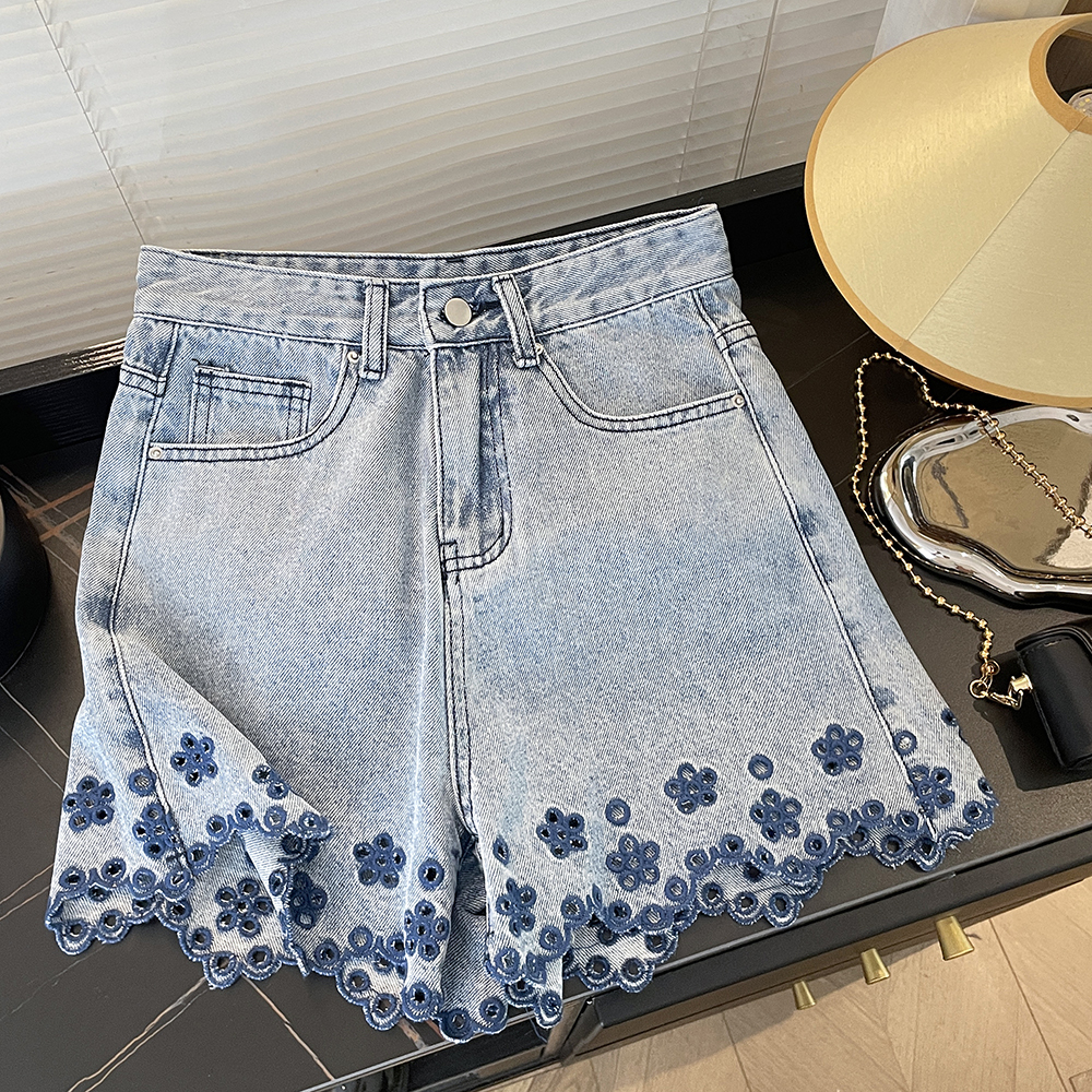 實拍超美國風鏤空刺繡牛仔短褲女夏高腰直筒a字闊腿顯瘦百搭褲子
