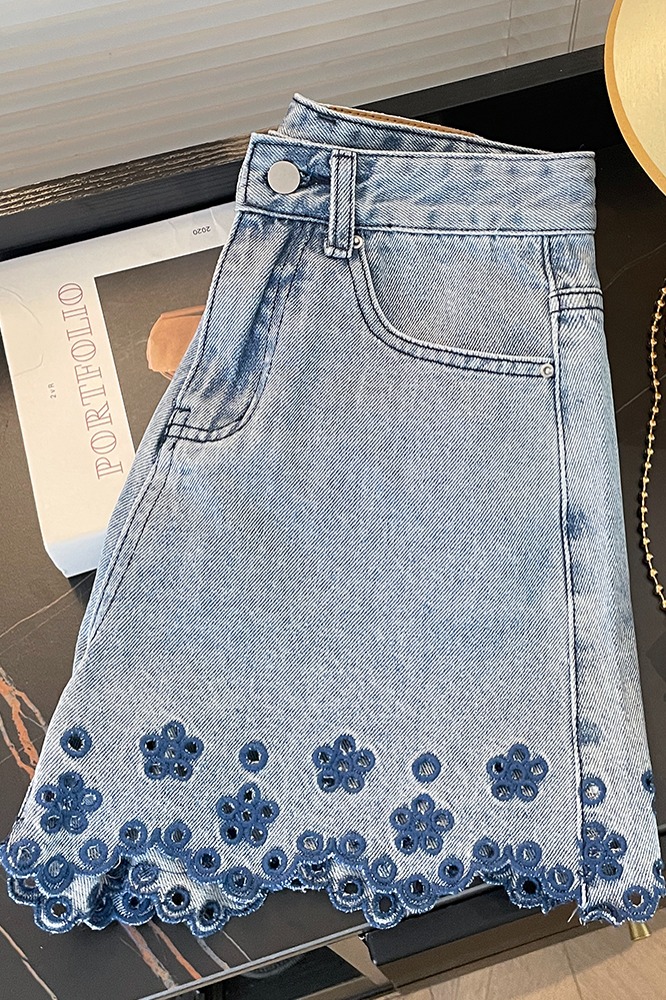 實拍超美國風鏤空刺繡牛仔短褲女夏高腰直筒a字闊腿顯瘦百搭褲子