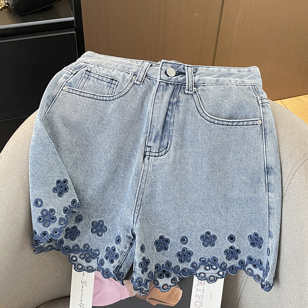 實拍超美國風鏤空刺繡牛仔短褲女夏高腰直筒a字闊腿顯瘦百搭褲子