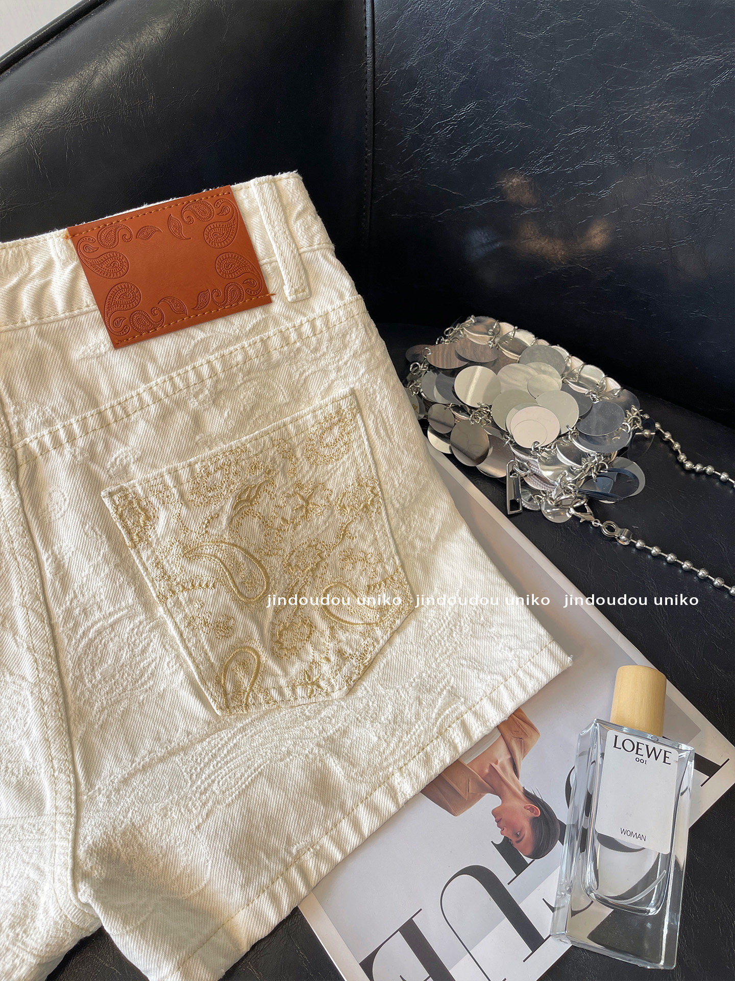 官圖白色牛仔短褲女江浙滬千金夏季輕奢提花撞色刺繡小香風休閑褲