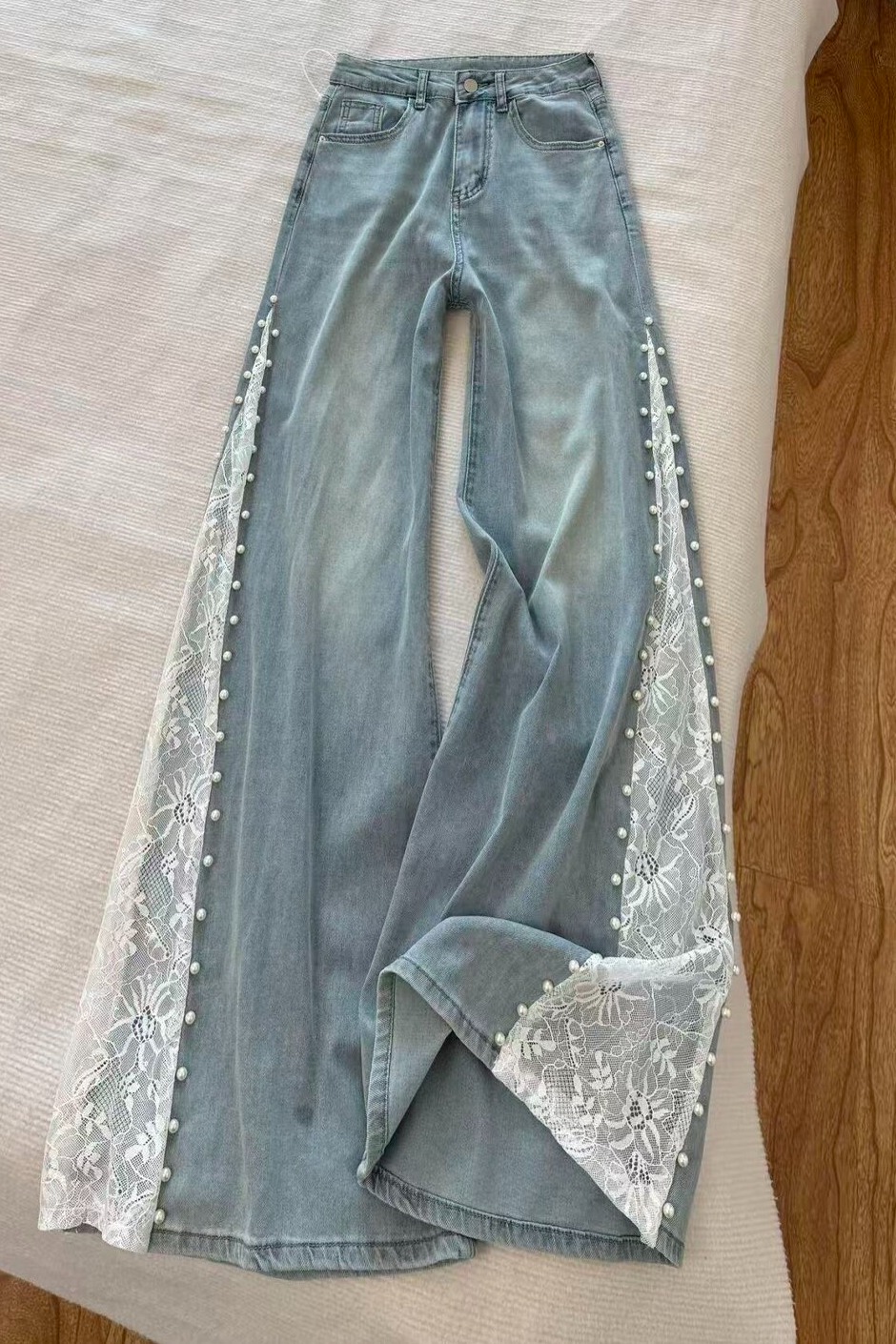蕾絲釘珠天絲牛仔褲女夏新款大碼胖mm寬松顯瘦拼接垂感冰絲闊腿褲