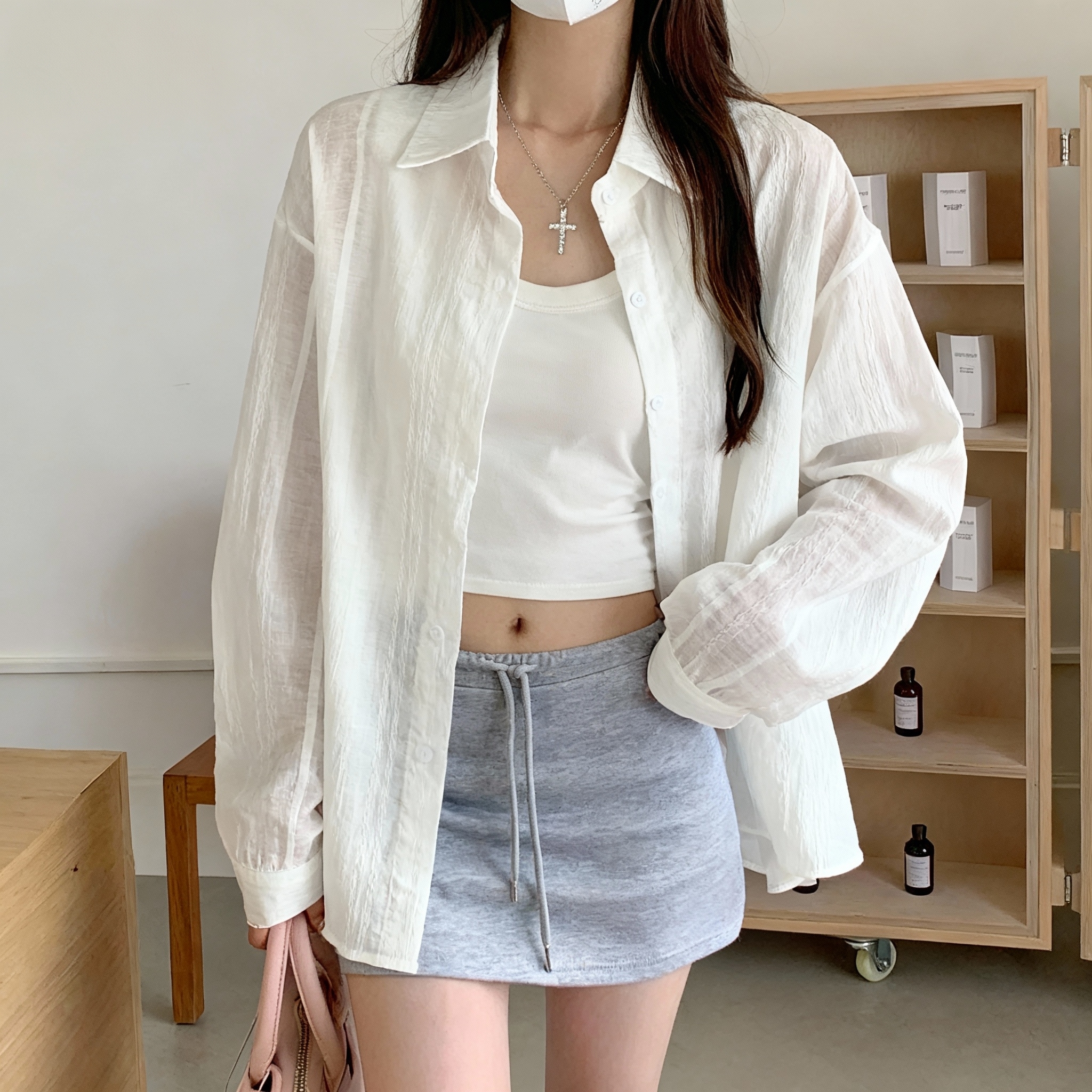 MY15428# 小矮个子冰丝防晒衬衫女夏轻薄气质衬衣高级长袖上衣外套女裝...