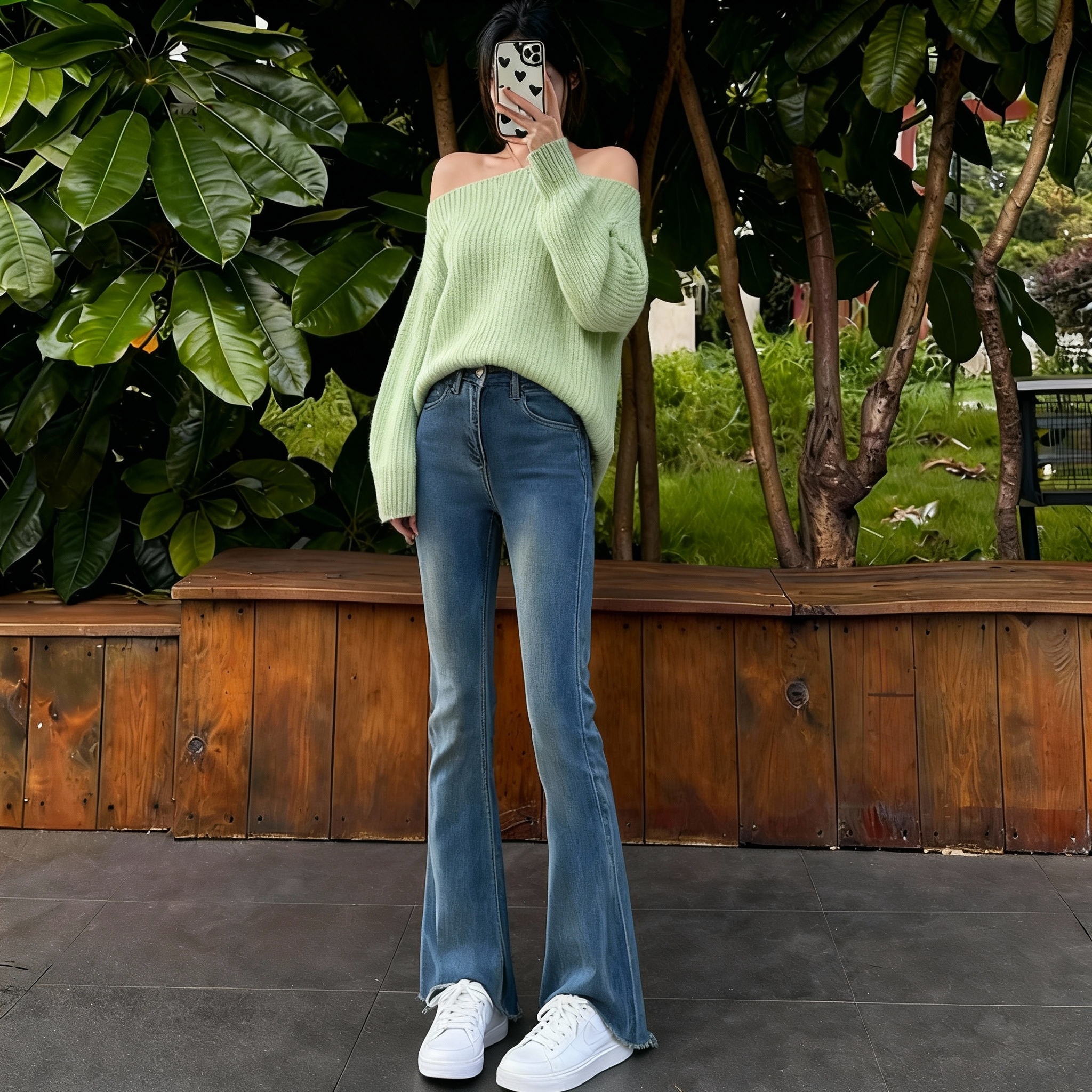 MY15687# 小矮个子韩版微喇牛仔裤毛边高腰修身弹力喇叭xs九分秋女裝...