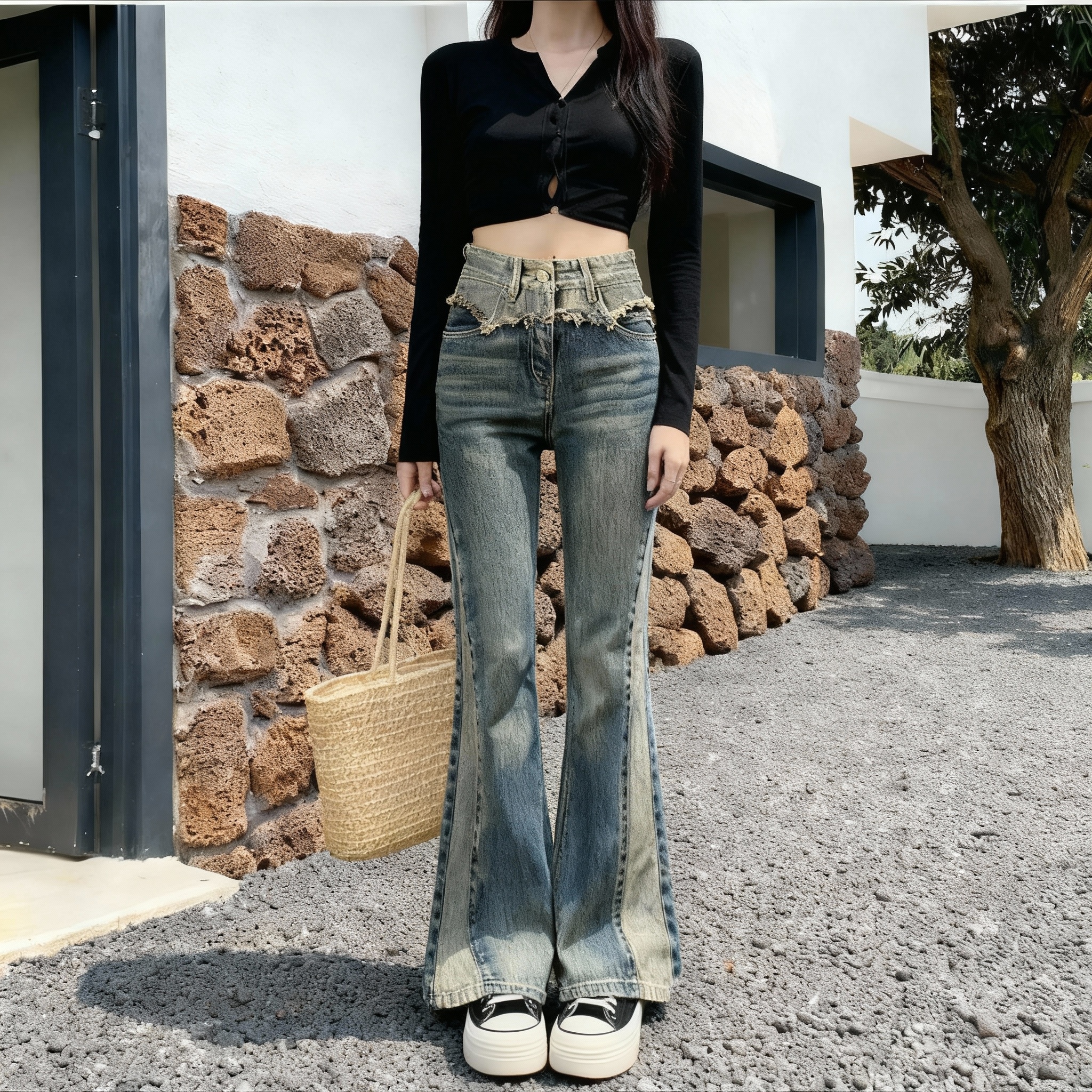 MY15686# 小个子撞色拼接做旧微喇高腰牛仔裤女阔腿喇叭裤xs九分女裝...