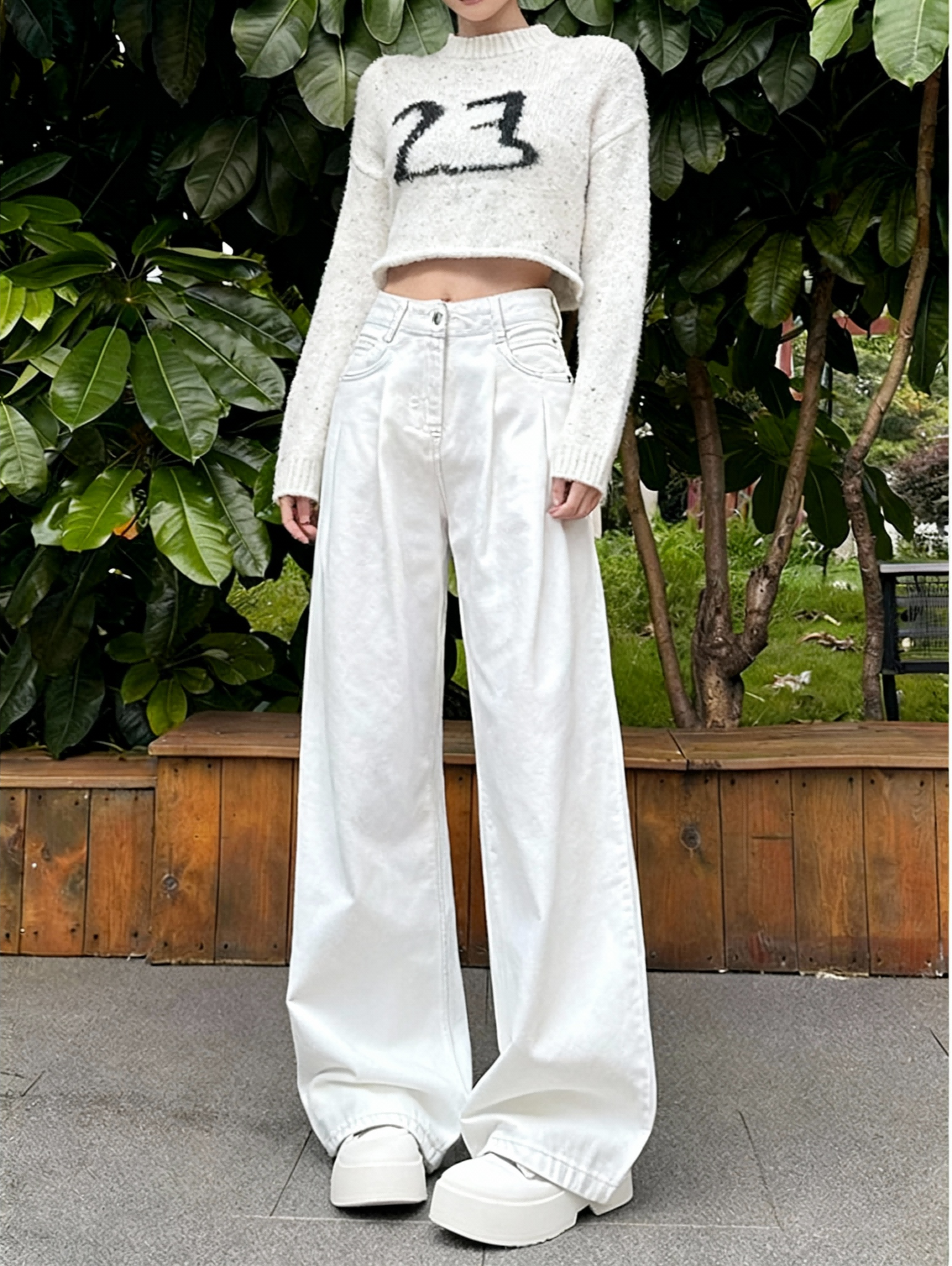 MY15689# 小个子阔腿牛仔裤女秋褶皱垂感宽松高腰抽褶直筒裤xs女裝貨源服裝批發