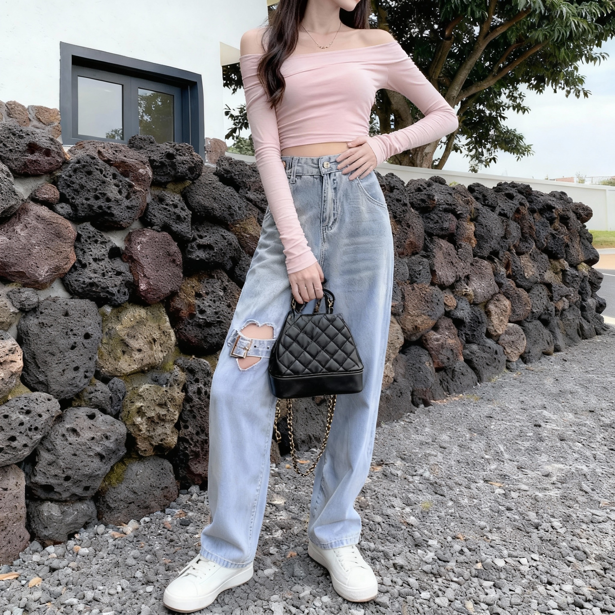 MY15806# 小个子韩版高腰爱心破洞宽松显高垂感牛仔长裤女xs直筒九分...