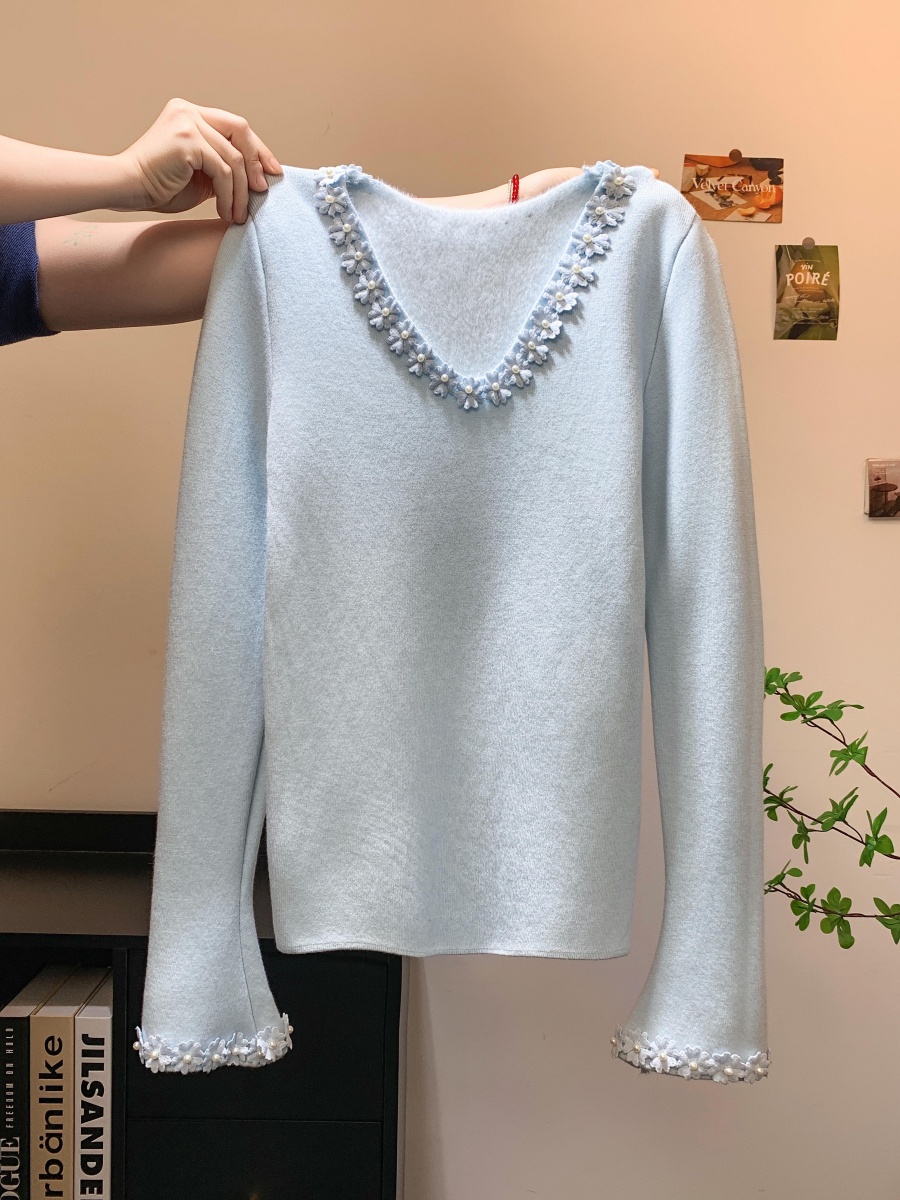 實拍~韓系V領甜美減齡立體花朵長袖加絨針織衫女修身顯瘦保暖內搭