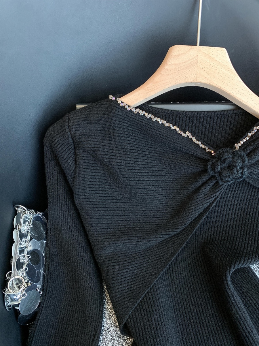 實拍復古不規則立體花朵針織打底衫女內搭設計感秋冬鏤空修身上衣