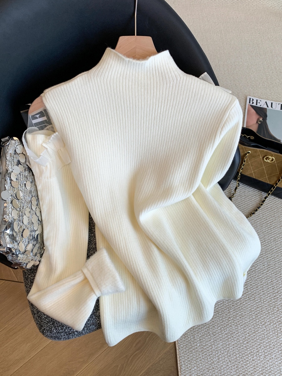 實拍加絨半高領露肩網紗拼接上衣女秋冬修身顯瘦長袖一體絨針織衫