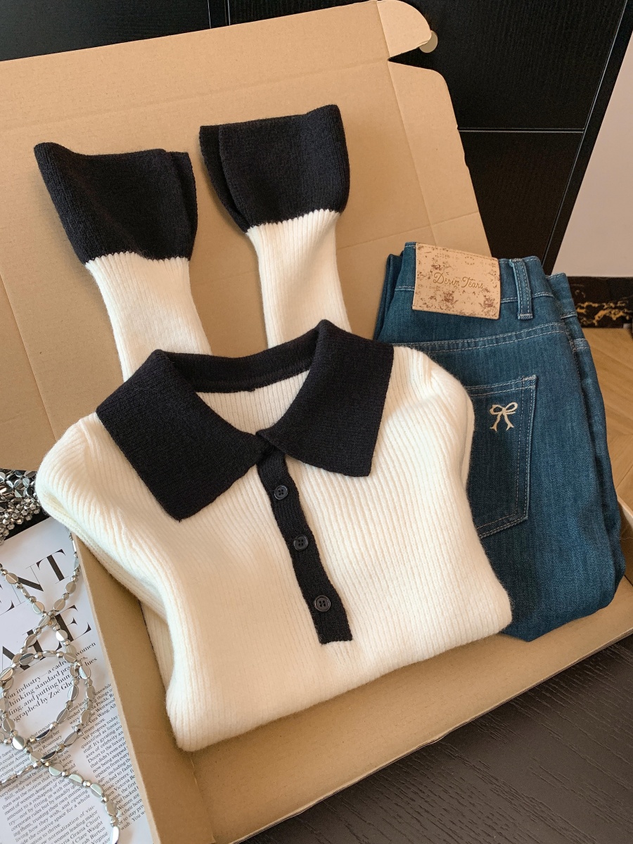實拍~polo領長袖針織衫女秋冬修身小個子內搭打底衫撞色新款上衣