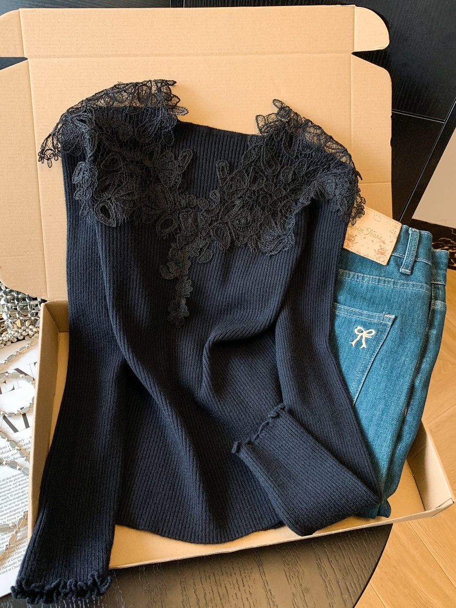 實拍~法式蕾絲拼接長袖針織衫女秋冬高級感修身內搭超好看上衣