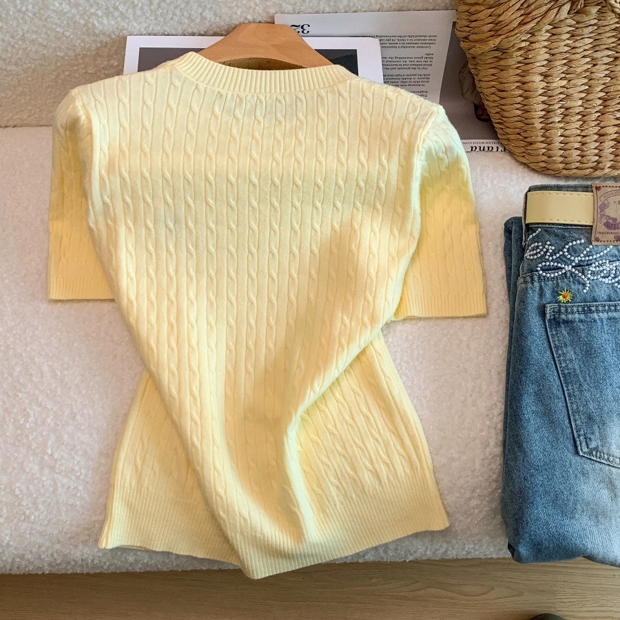 實拍卡通刺繡麻花減齡針織衫女春季正肩短款內搭打底短袖上衣