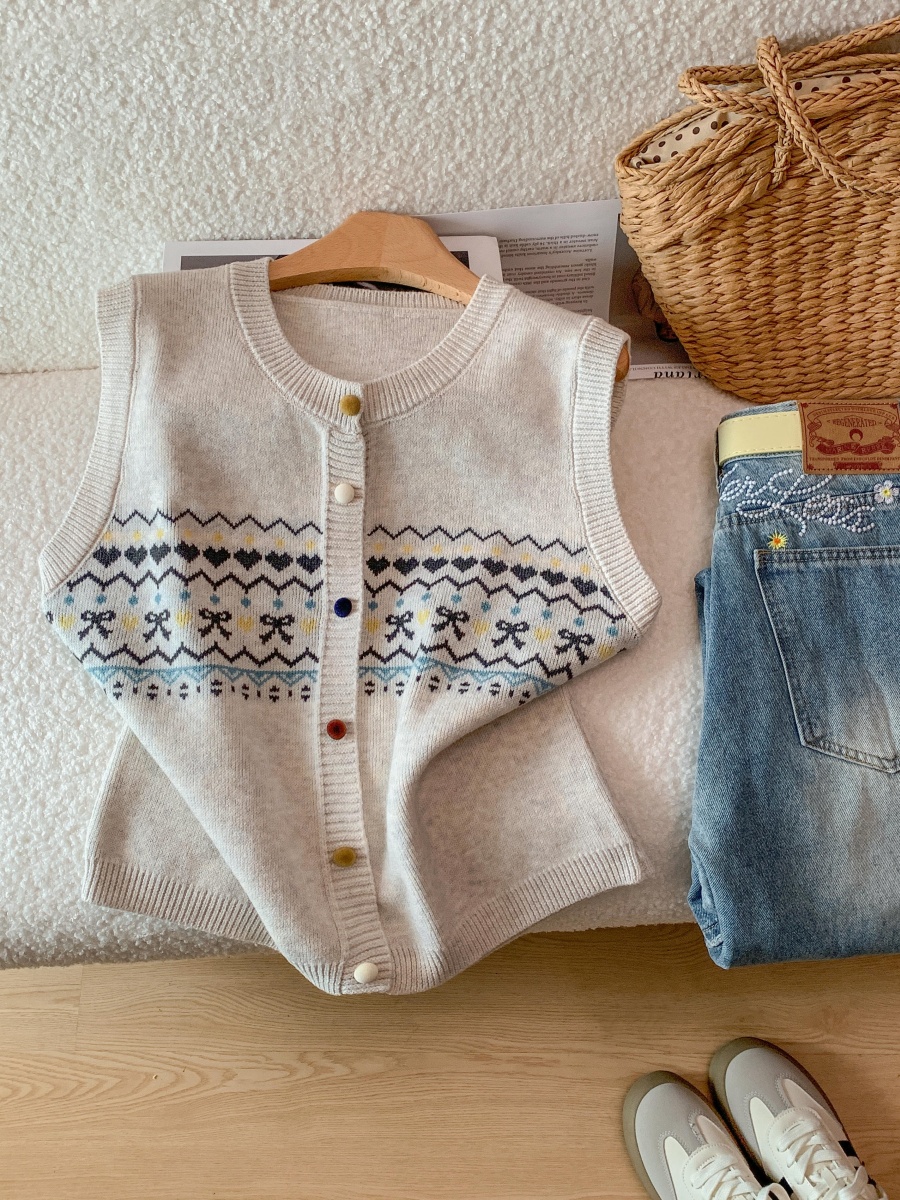 實拍 費爾島提花彩色扣子針織馬甲開衫春季疊穿坎肩復古搭配