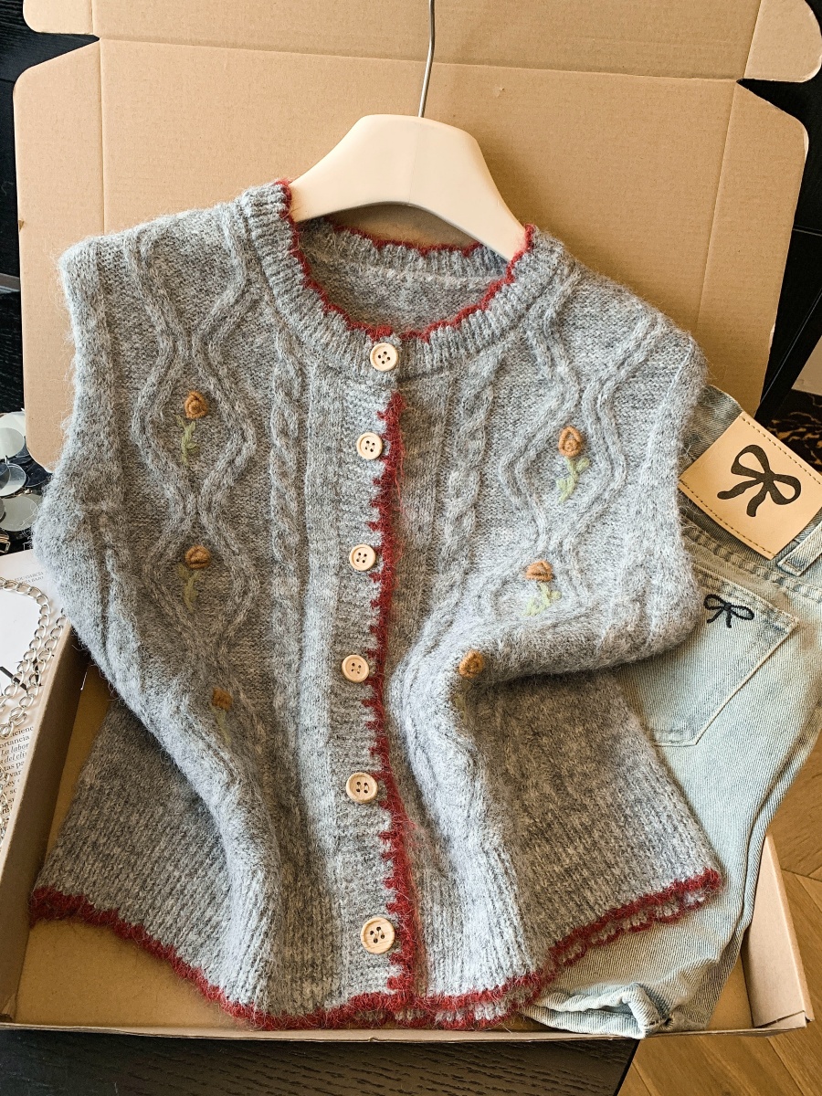實拍 韓系刺繡復古馬甲背心春季背心外搭疊穿坎肩針織開衫
