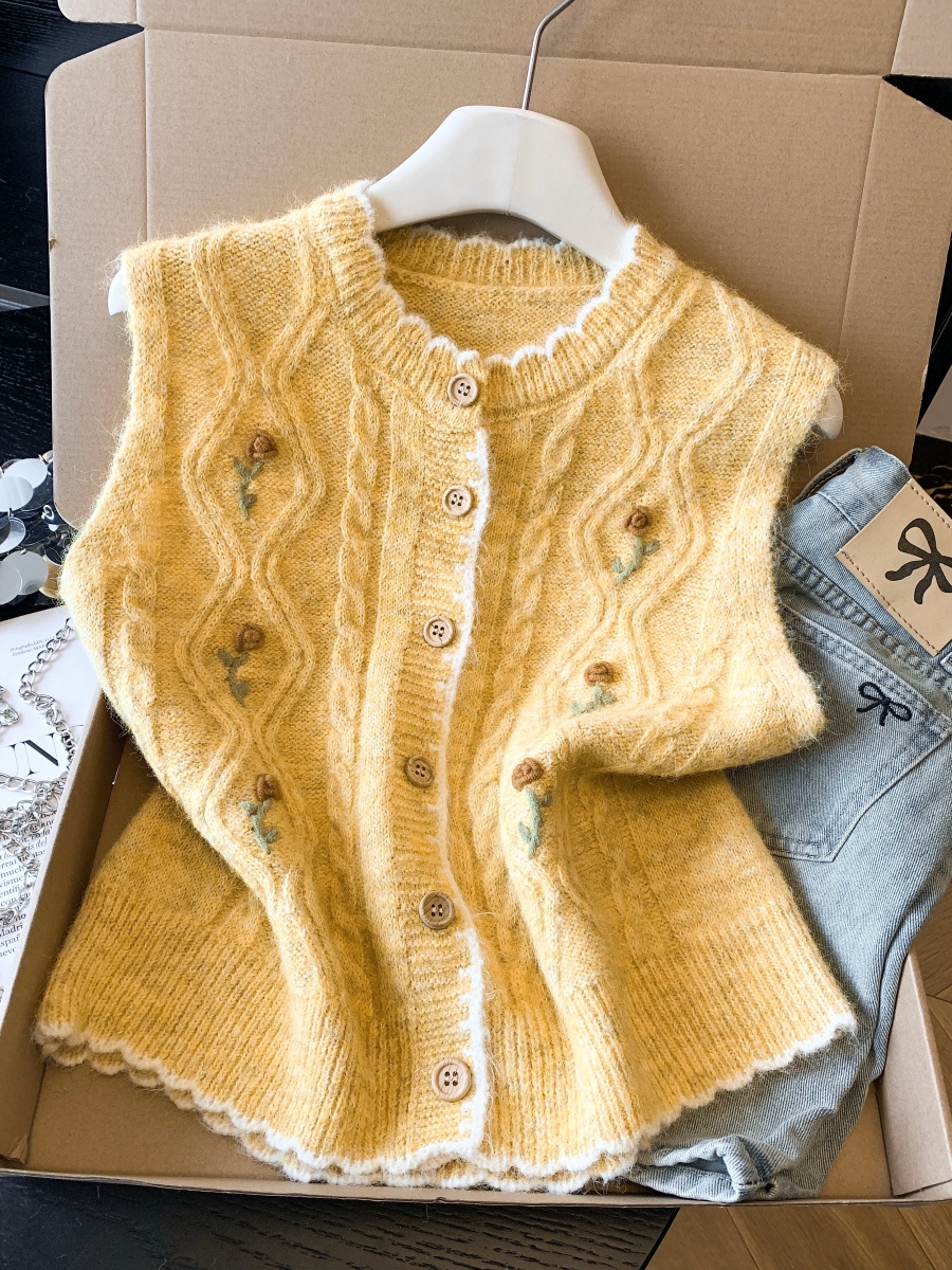 實拍 韓系刺繡復古馬甲背心春季背心外搭疊穿坎肩針織開衫