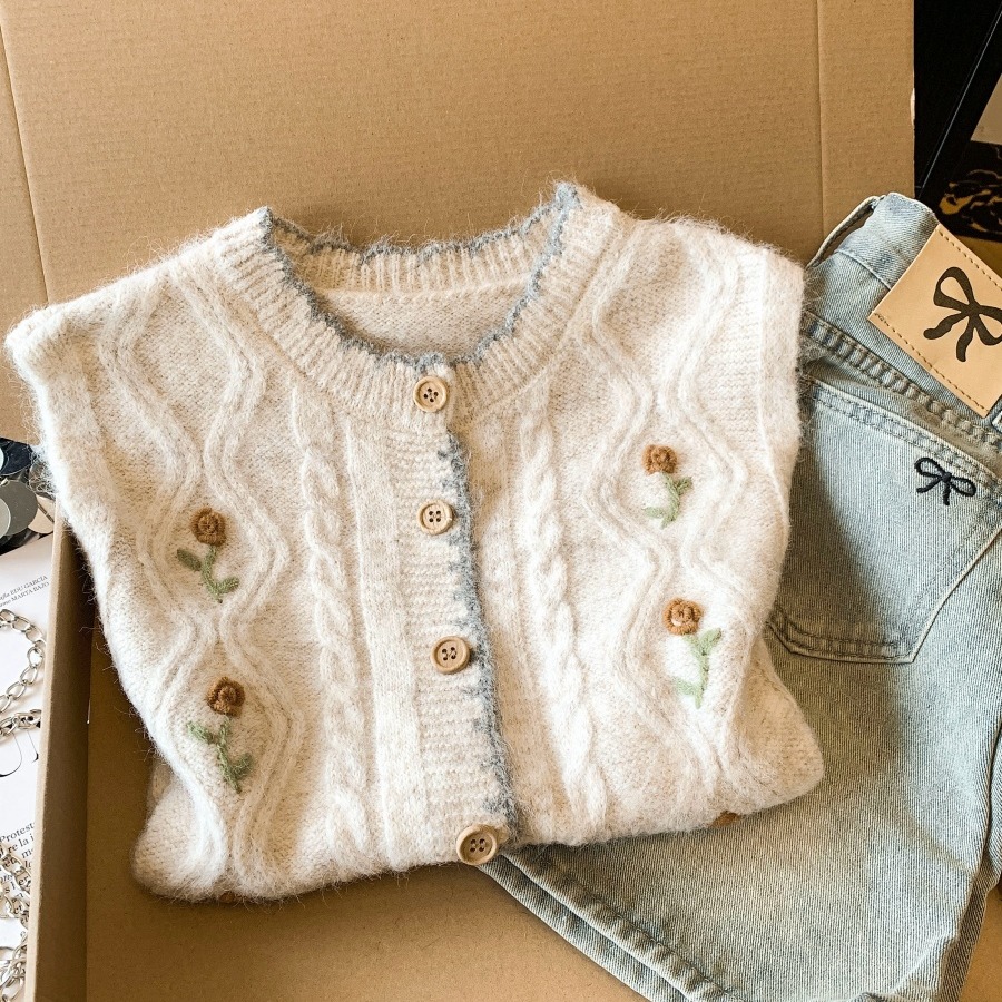 實拍 韓系刺繡復古馬甲背心春季背心外搭疊穿坎肩針織開衫