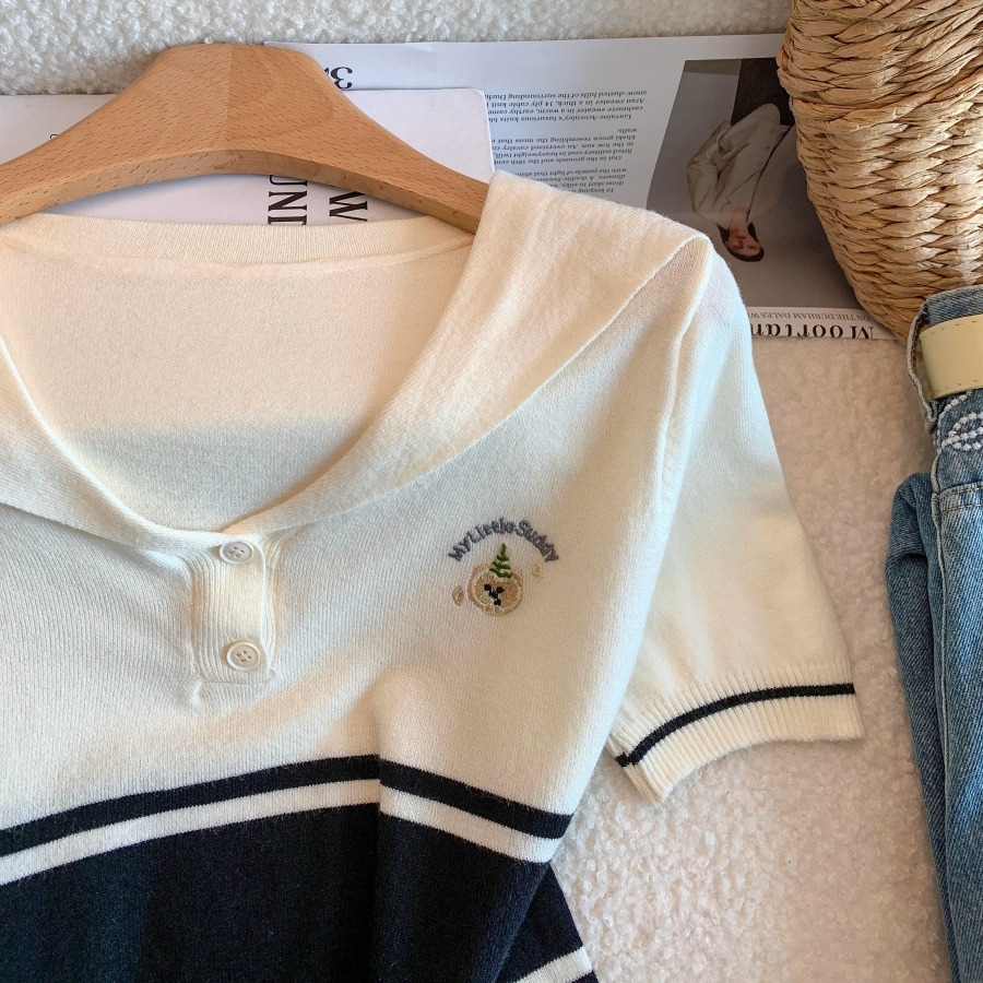 復古港風POLO領條紋上衣女2026夏季新款洋氣減齡海軍領短袖針織衫