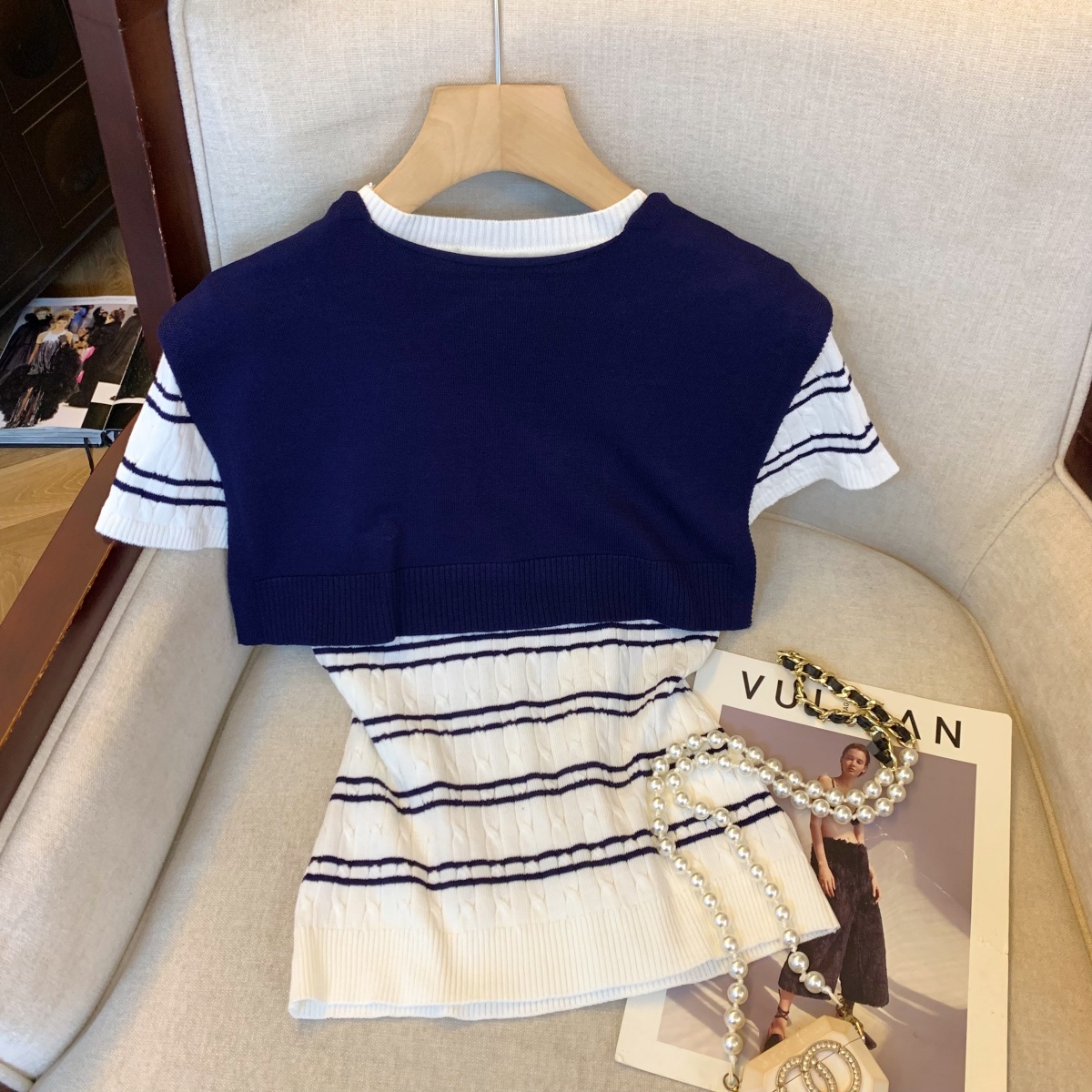 實拍 韓系氣質刺繡披肩圓領條紋撞色針織衫海軍領顯瘦短袖上衣女