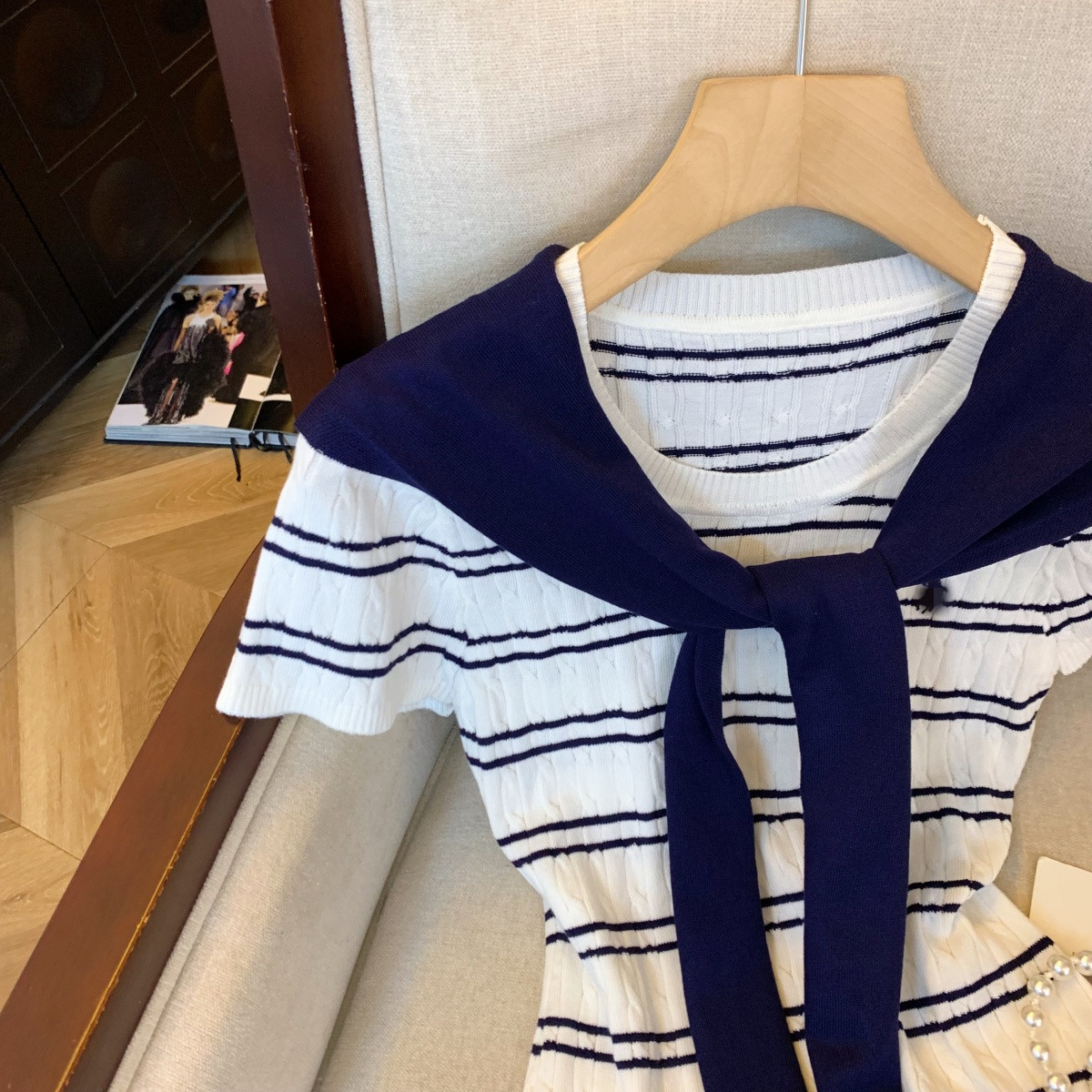 實拍 韓系氣質刺繡披肩圓領條紋撞色針織衫海軍領顯瘦短袖上衣女