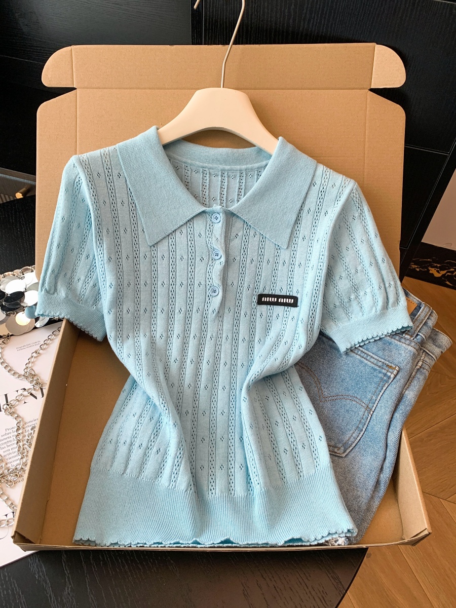 miu系白色polo衫針織短袖t恤女夏季冰絲韓版撞色翻顯瘦領翻領上衣