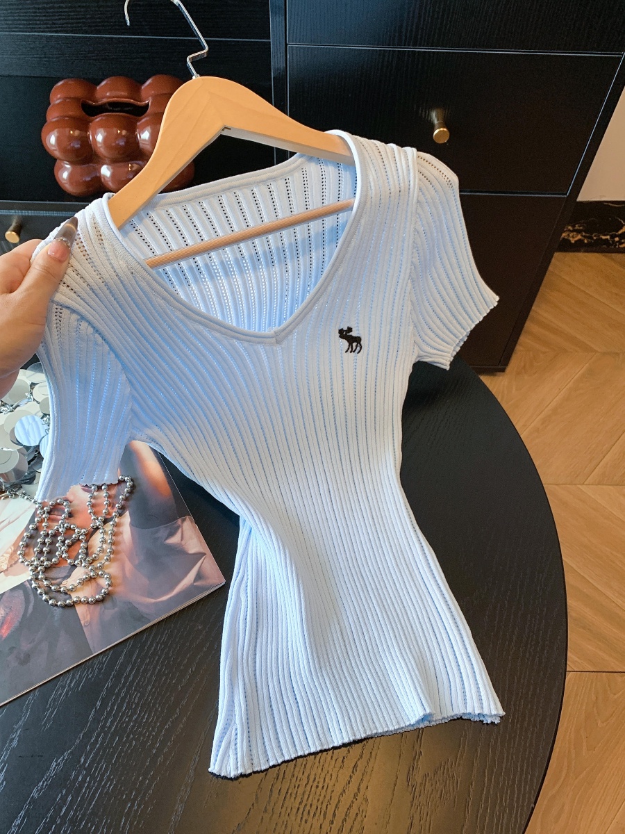 實拍V領刺繡坑條短袖修身針織衫女高級洋氣百搭夏季新款套頭小衫