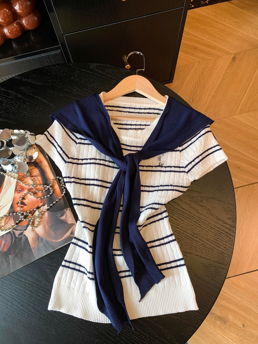 航海風穿搭女夏季韓版小馬刺繡條紋針織短袖t恤辣妹披肩上衣套裝