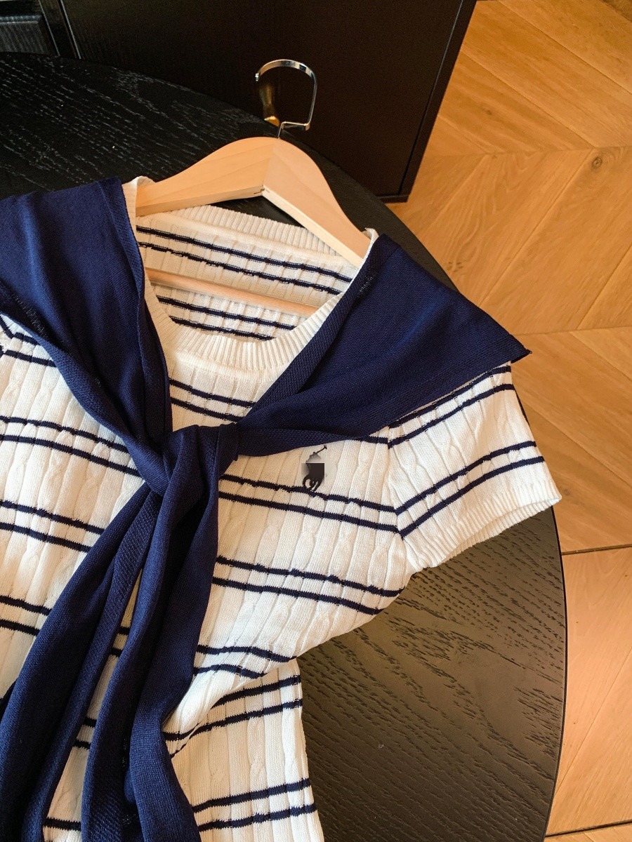 航海風穿搭女夏季韓版小馬刺繡條紋針織短袖t恤辣妹披肩上衣套裝